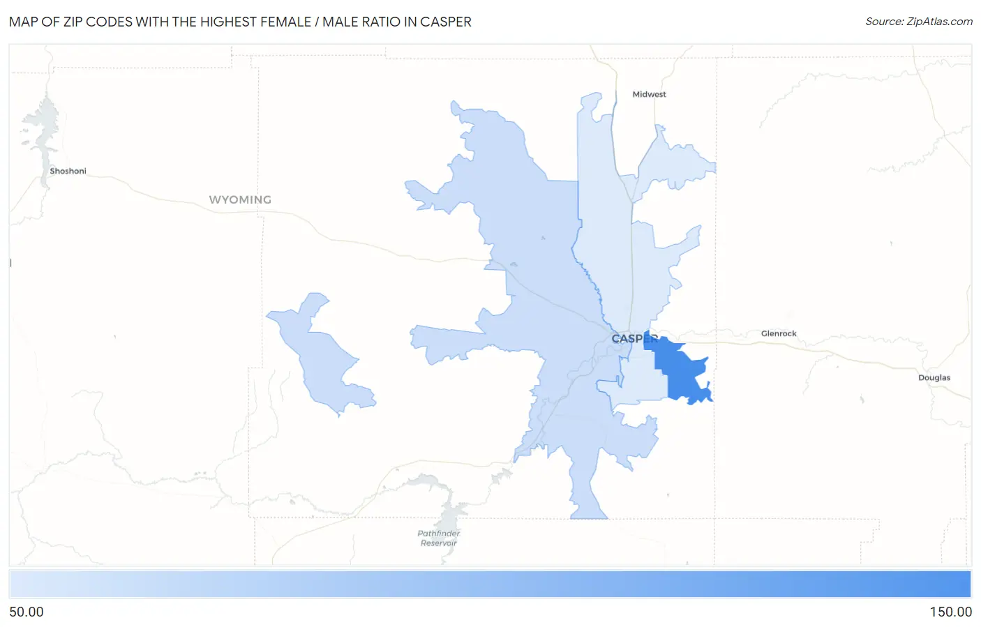 Zip Codes with the Highest Female / Male Ratio in Casper Map