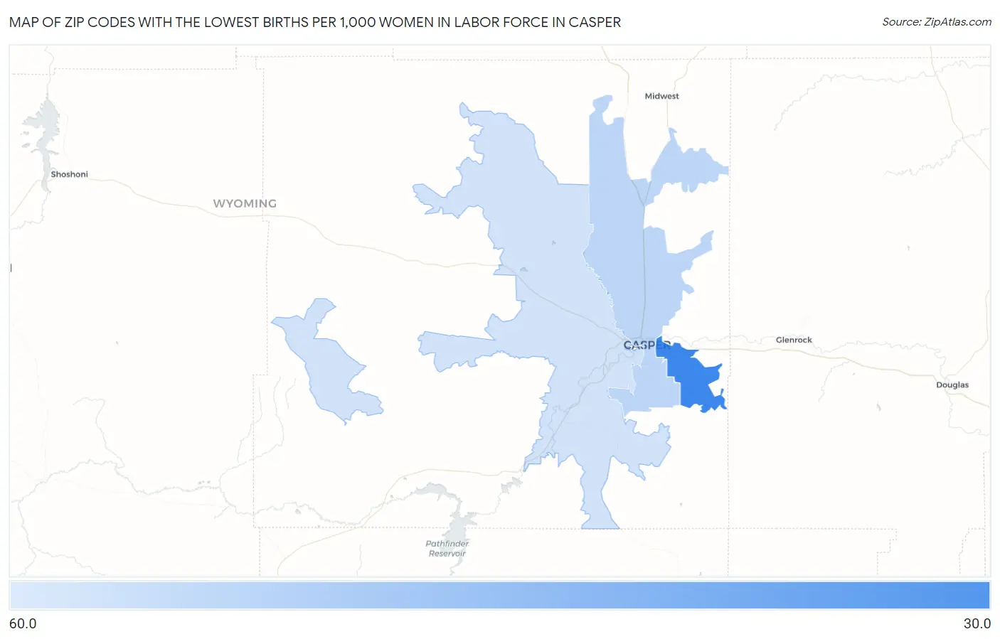 Zip Codes with the Lowest Births per 1,000 Women in Labor Force in Casper Map