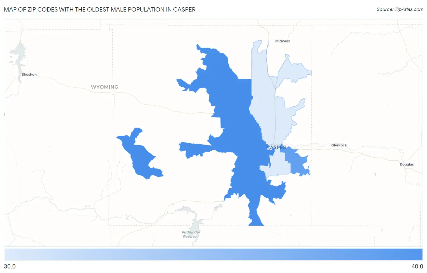 Zip Codes with the Oldest Male Population in Casper Map