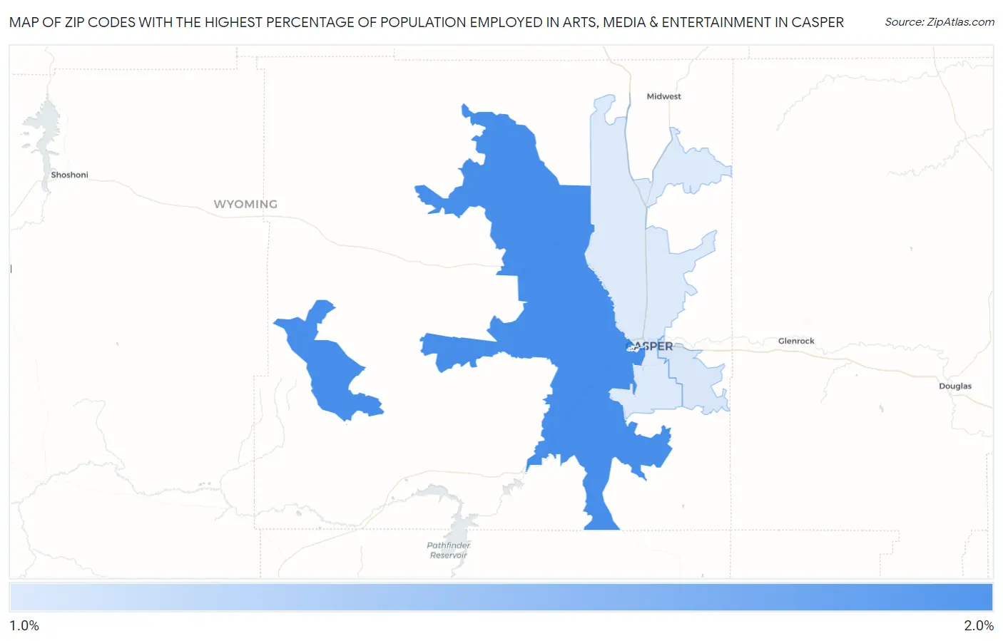Zip Codes with the Highest Percentage of Population Employed in Arts, Media & Entertainment in Casper Map