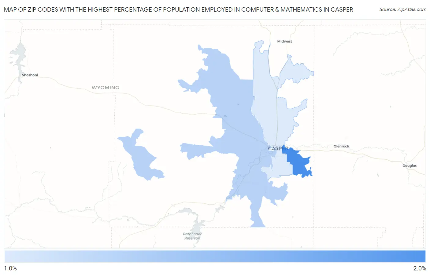 Zip Codes with the Highest Percentage of Population Employed in Computer & Mathematics in Casper Map