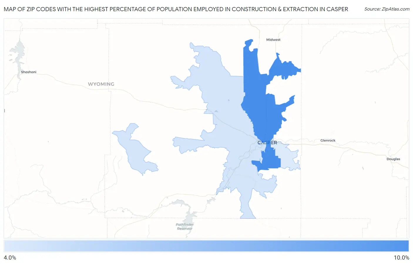 Zip Codes with the Highest Percentage of Population Employed in Construction & Extraction in Casper Map