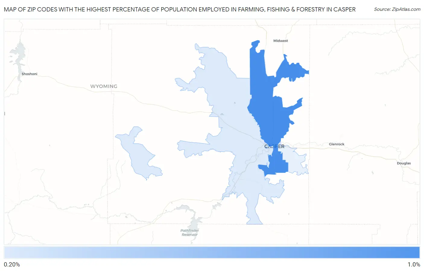 Zip Codes with the Highest Percentage of Population Employed in Farming, Fishing & Forestry in Casper Map