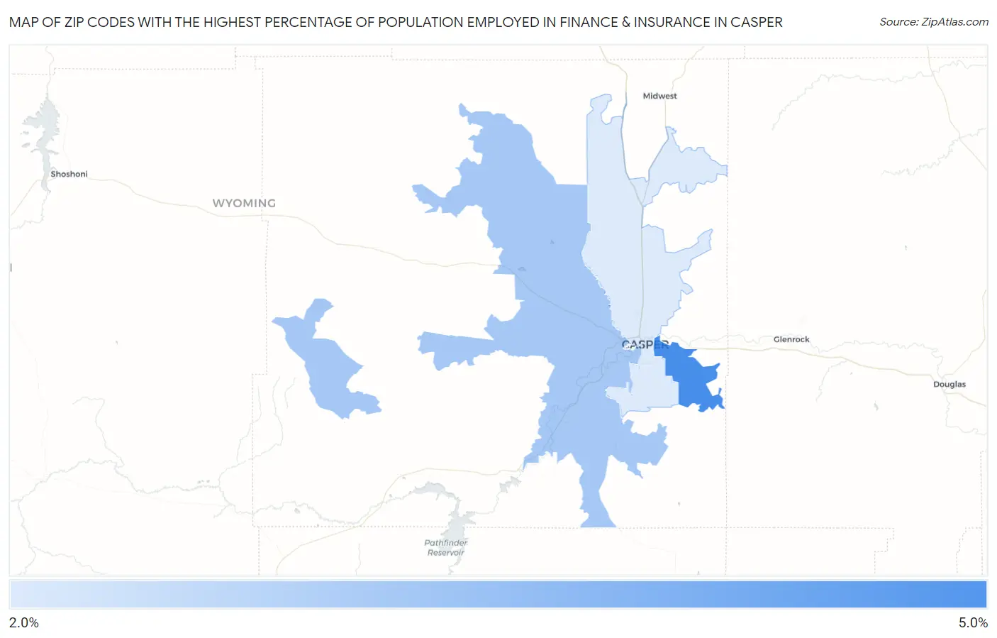 Zip Codes with the Highest Percentage of Population Employed in Finance & Insurance in Casper Map