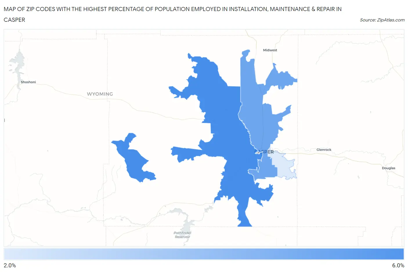 Zip Codes with the Highest Percentage of Population Employed in Installation, Maintenance & Repair in Casper Map