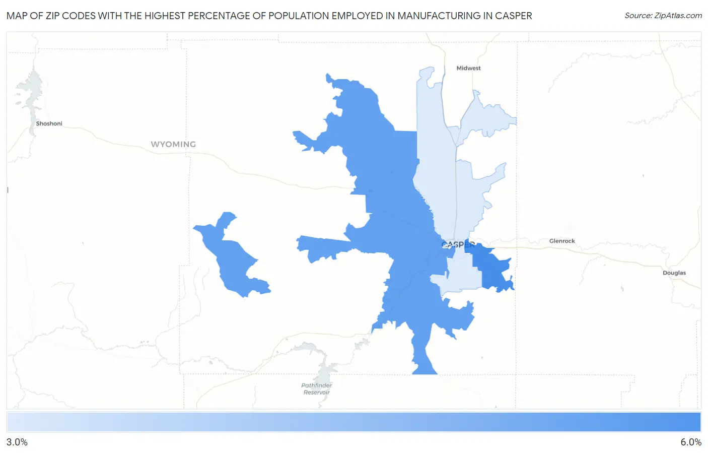 Zip Codes with the Highest Percentage of Population Employed in Manufacturing in Casper Map