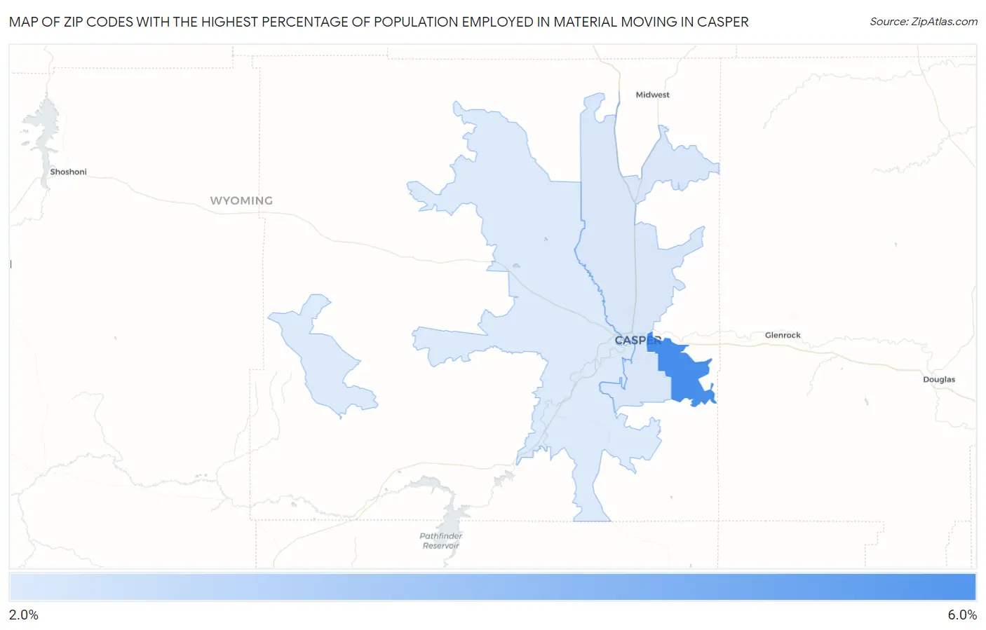 Zip Codes with the Highest Percentage of Population Employed in Material Moving in Casper Map