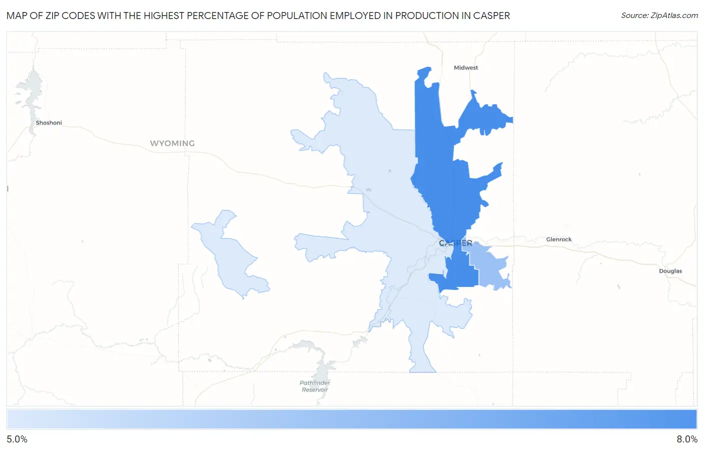 Zip Codes with the Highest Percentage of Population Employed in Production in Casper Map