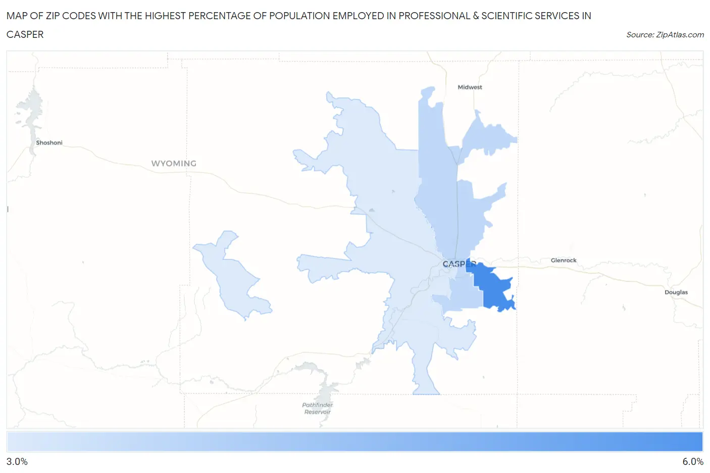 Zip Codes with the Highest Percentage of Population Employed in Professional & Scientific Services in Casper Map