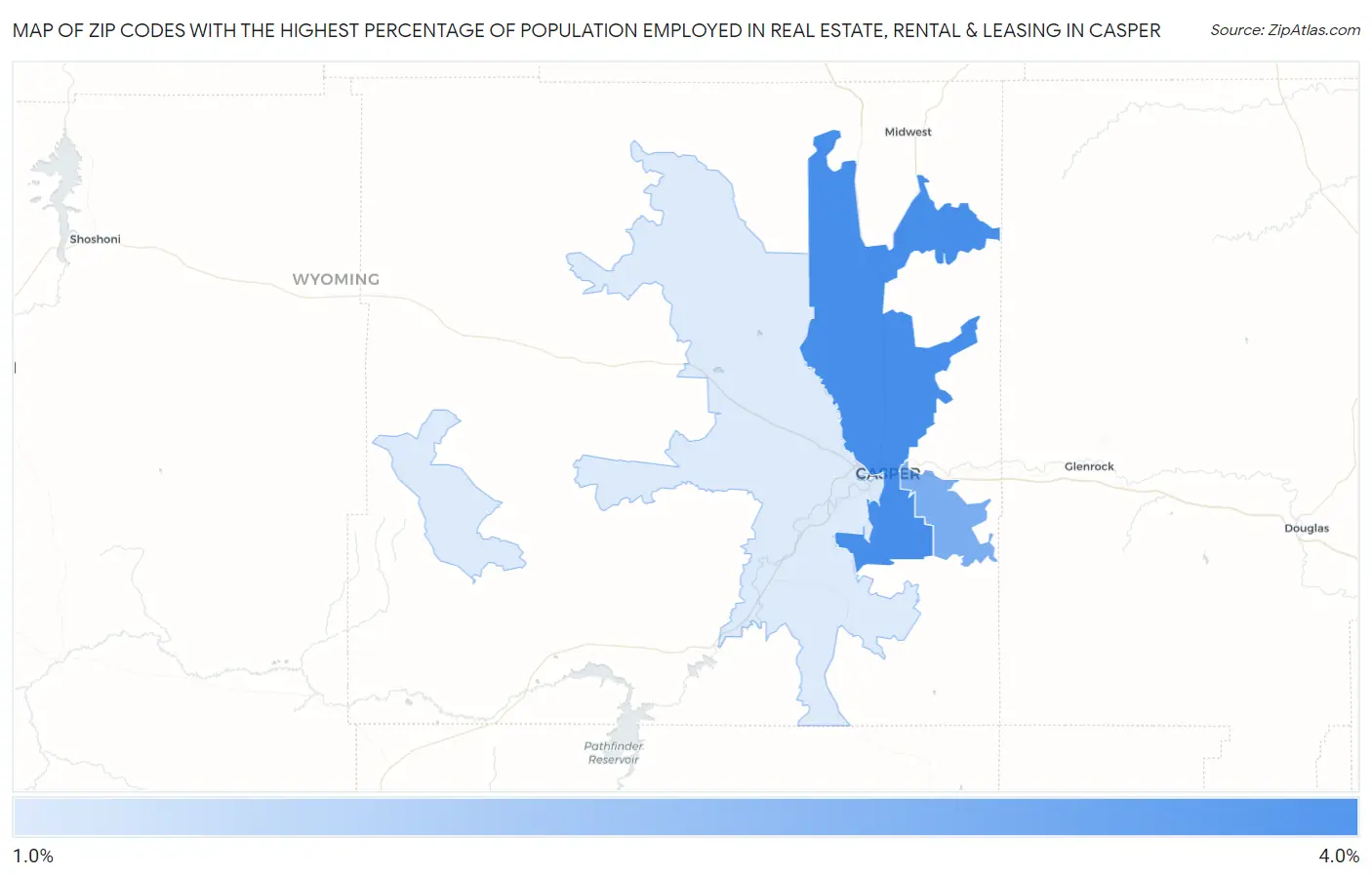 Zip Codes with the Highest Percentage of Population Employed in Real Estate, Rental & Leasing in Casper Map