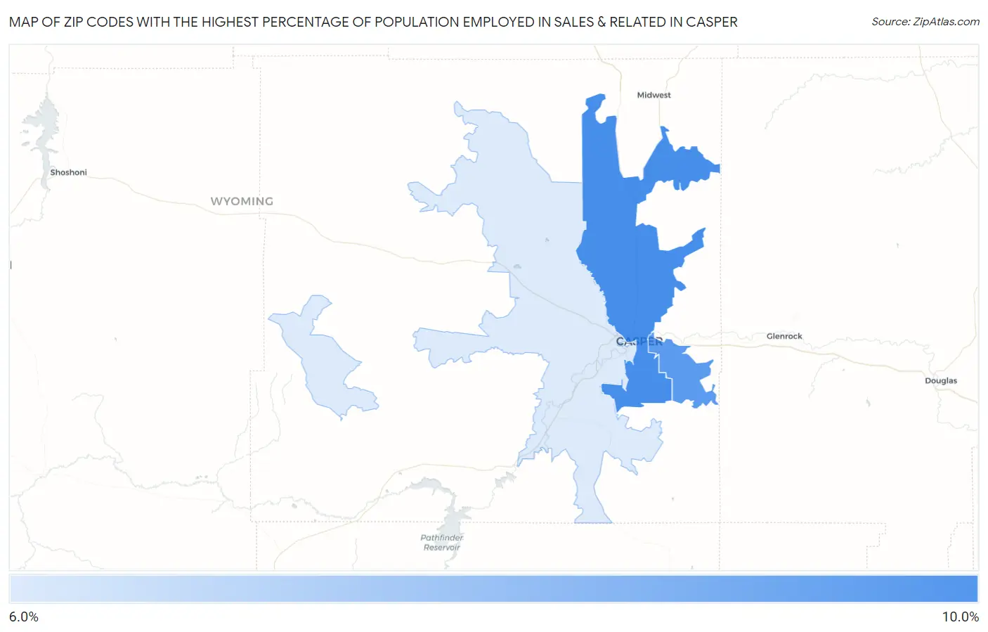 Zip Codes with the Highest Percentage of Population Employed in Sales & Related in Casper Map