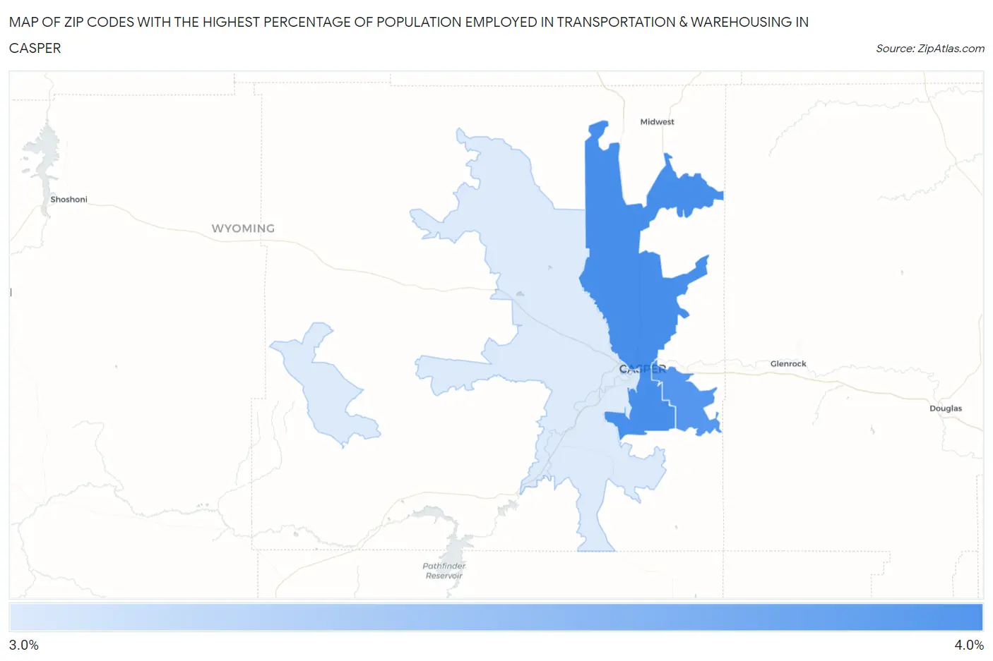 Zip Codes with the Highest Percentage of Population Employed in Transportation & Warehousing in Casper Map
