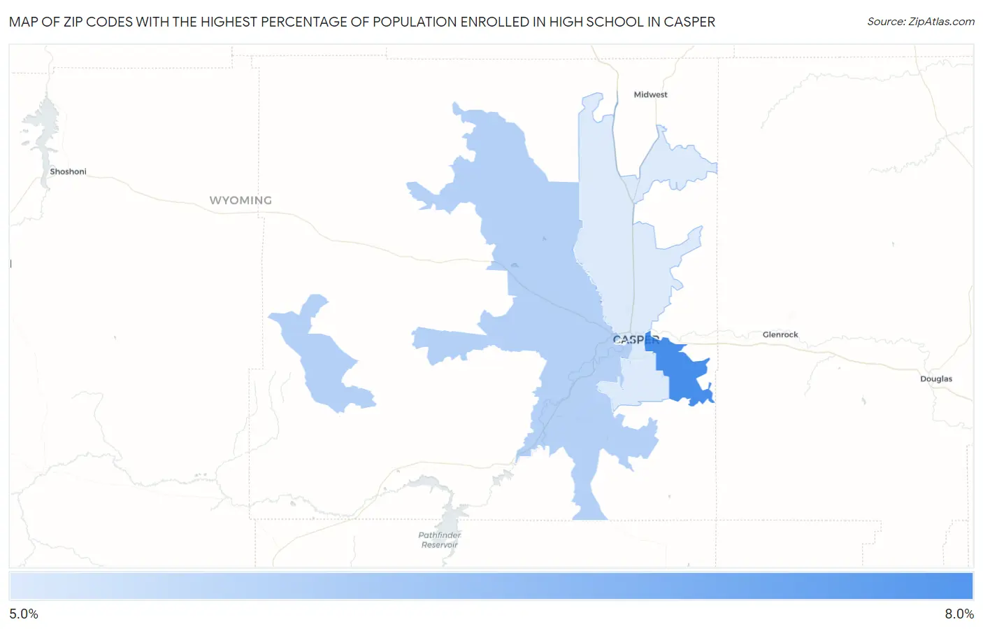 Zip Codes with the Highest Percentage of Population Enrolled in High School in Casper Map