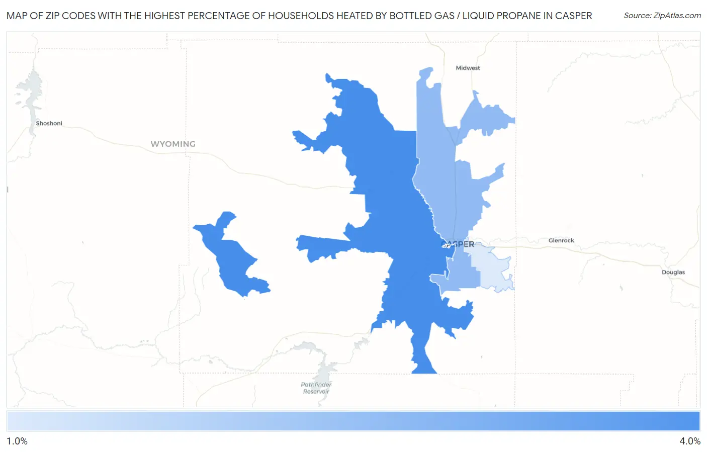 Zip Codes with the Highest Percentage of Households Heated by Bottled Gas / Liquid Propane in Casper Map