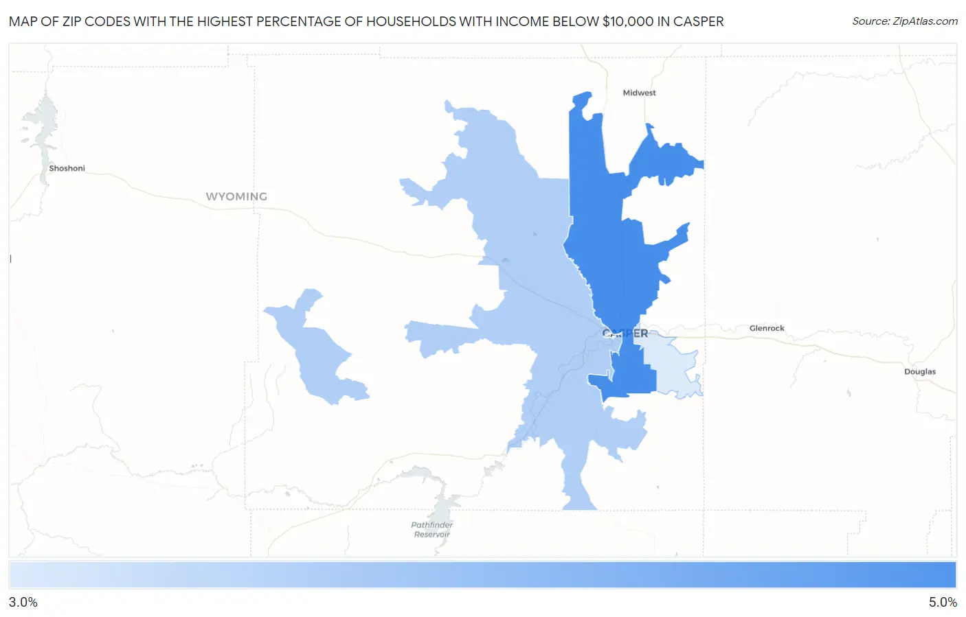 Zip Codes with the Highest Percentage of Households with Income Below $10,000 in Casper Map