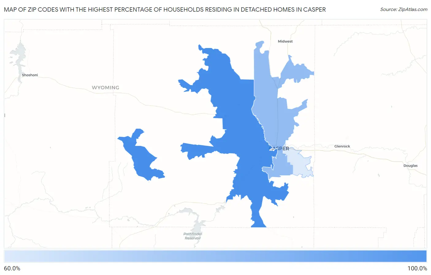 Zip Codes with the Highest Percentage of Households Residing in Detached Homes in Casper Map