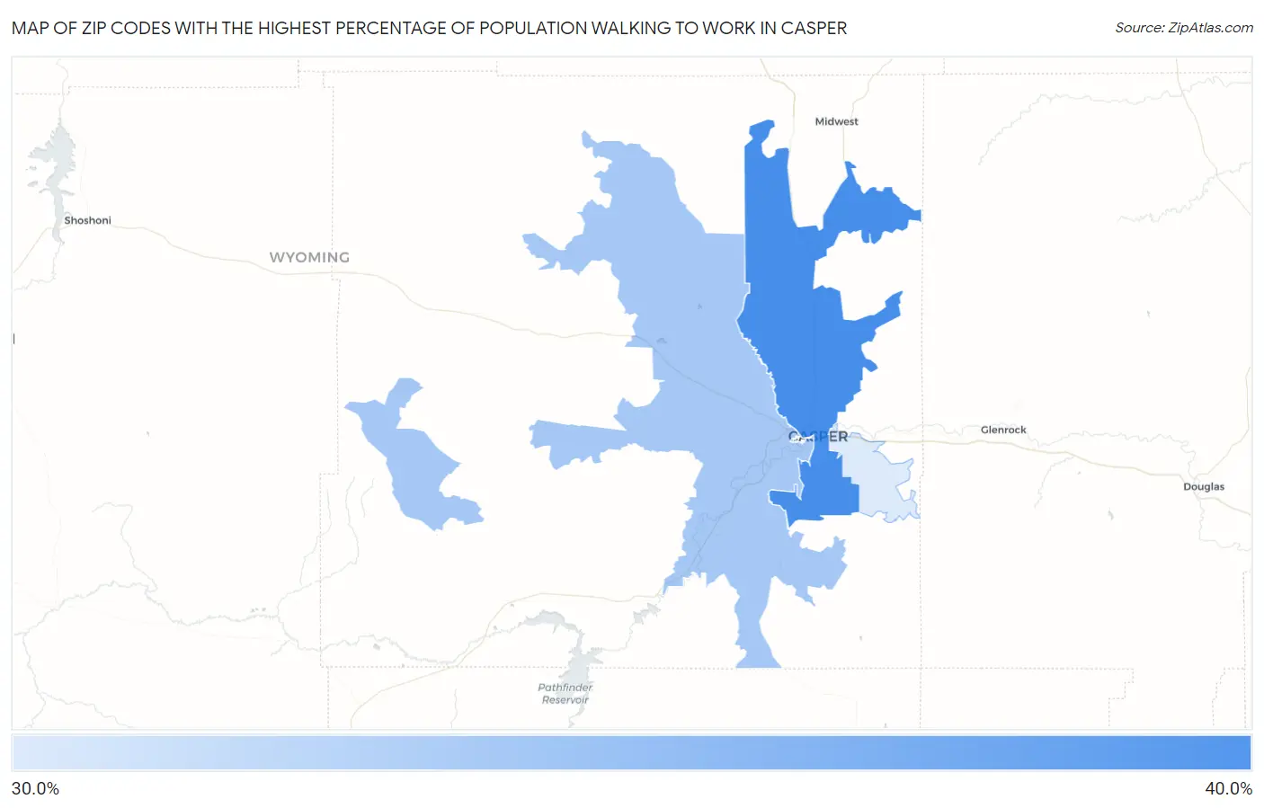 Zip Codes with the Highest Percentage of Population Walking to Work in Casper Map