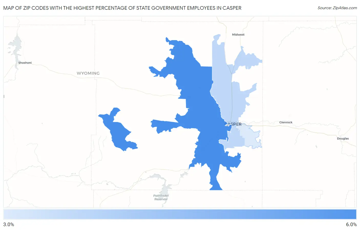 Zip Codes with the Highest Percentage of State Government Employees in Casper Map