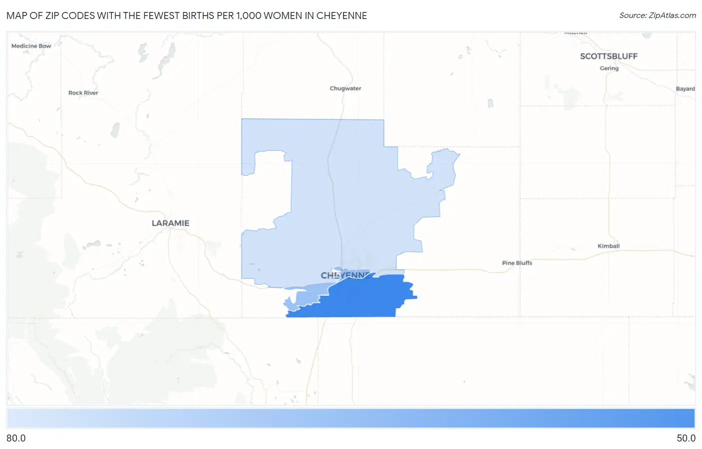 Zip Codes with the Fewest Births per 1,000 Women in Cheyenne Map