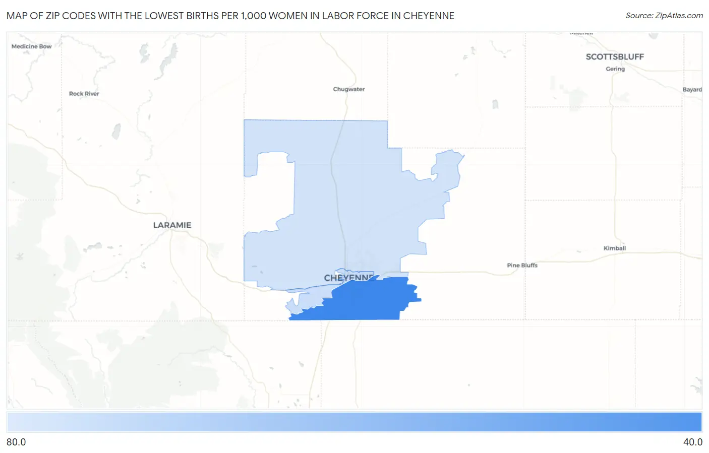 Zip Codes with the Lowest Births per 1,000 Women in Labor Force in Cheyenne Map