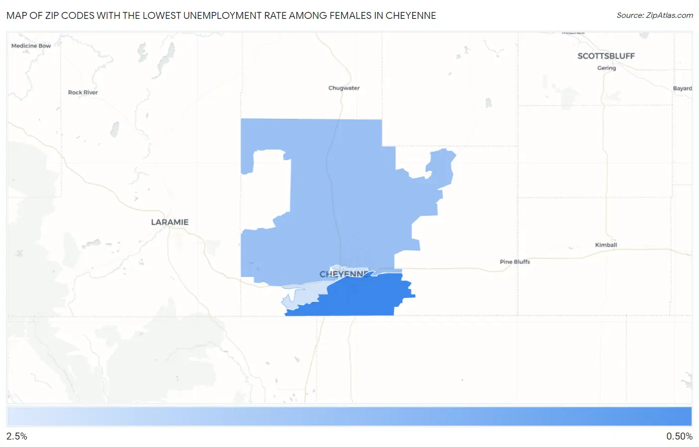 Zip Codes with the Lowest Unemployment Rate Among Females in Cheyenne Map