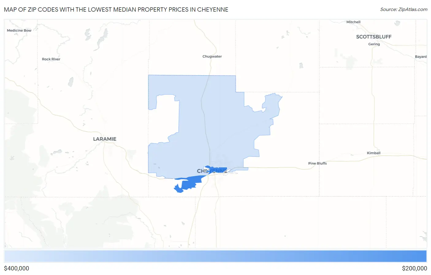 Zip Codes with the Lowest Median Property Prices in Cheyenne Map