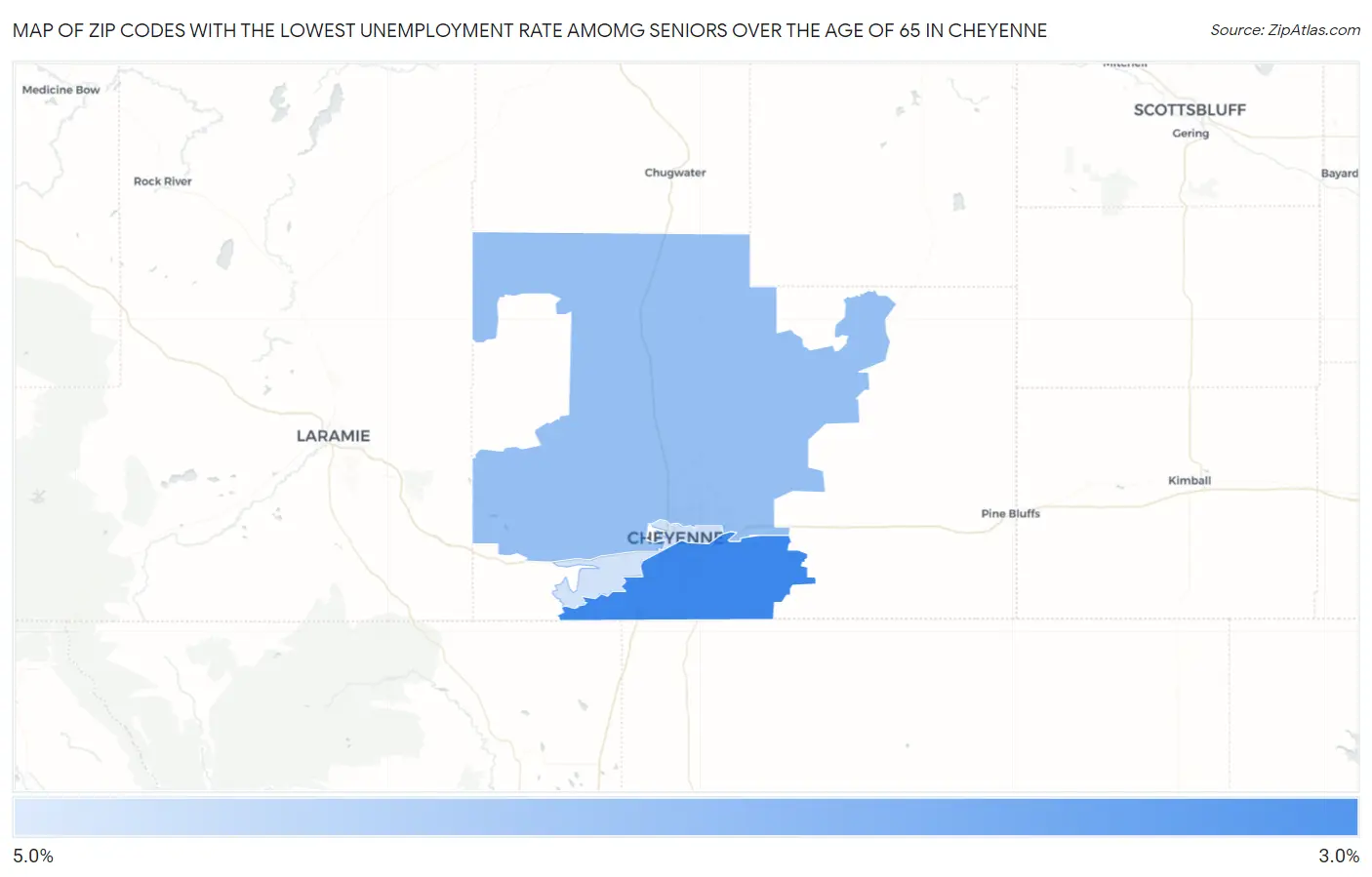 Zip Codes with the Lowest Unemployment Rate Amomg Seniors Over the Age of 65 in Cheyenne Map