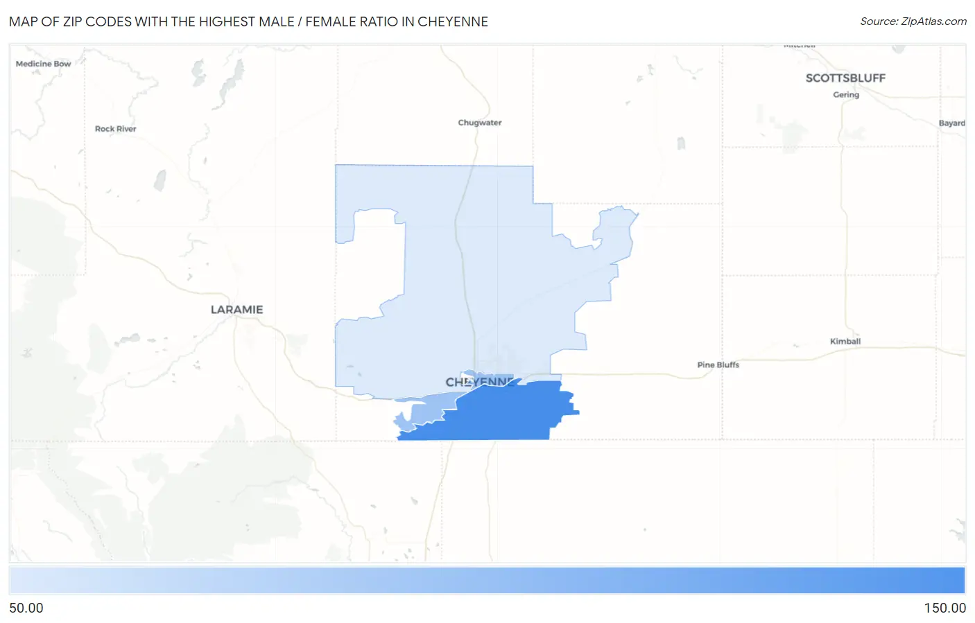 Zip Codes with the Highest Male / Female Ratio in Cheyenne Map