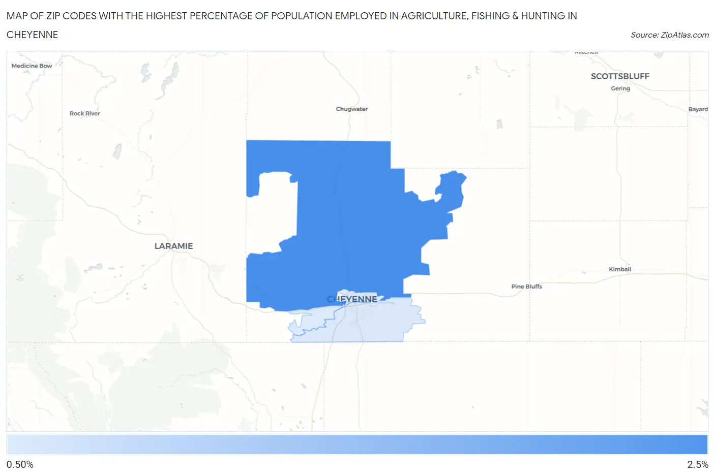 Zip Codes with the Highest Percentage of Population Employed in Agriculture, Fishing & Hunting in Cheyenne Map