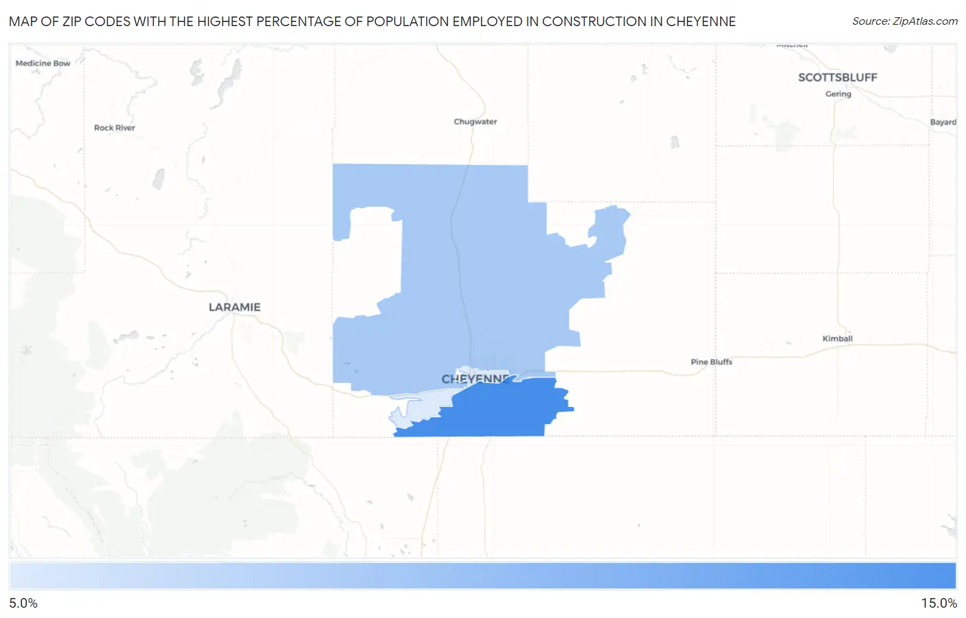 Zip Codes with the Highest Percentage of Population Employed in Construction in Cheyenne Map