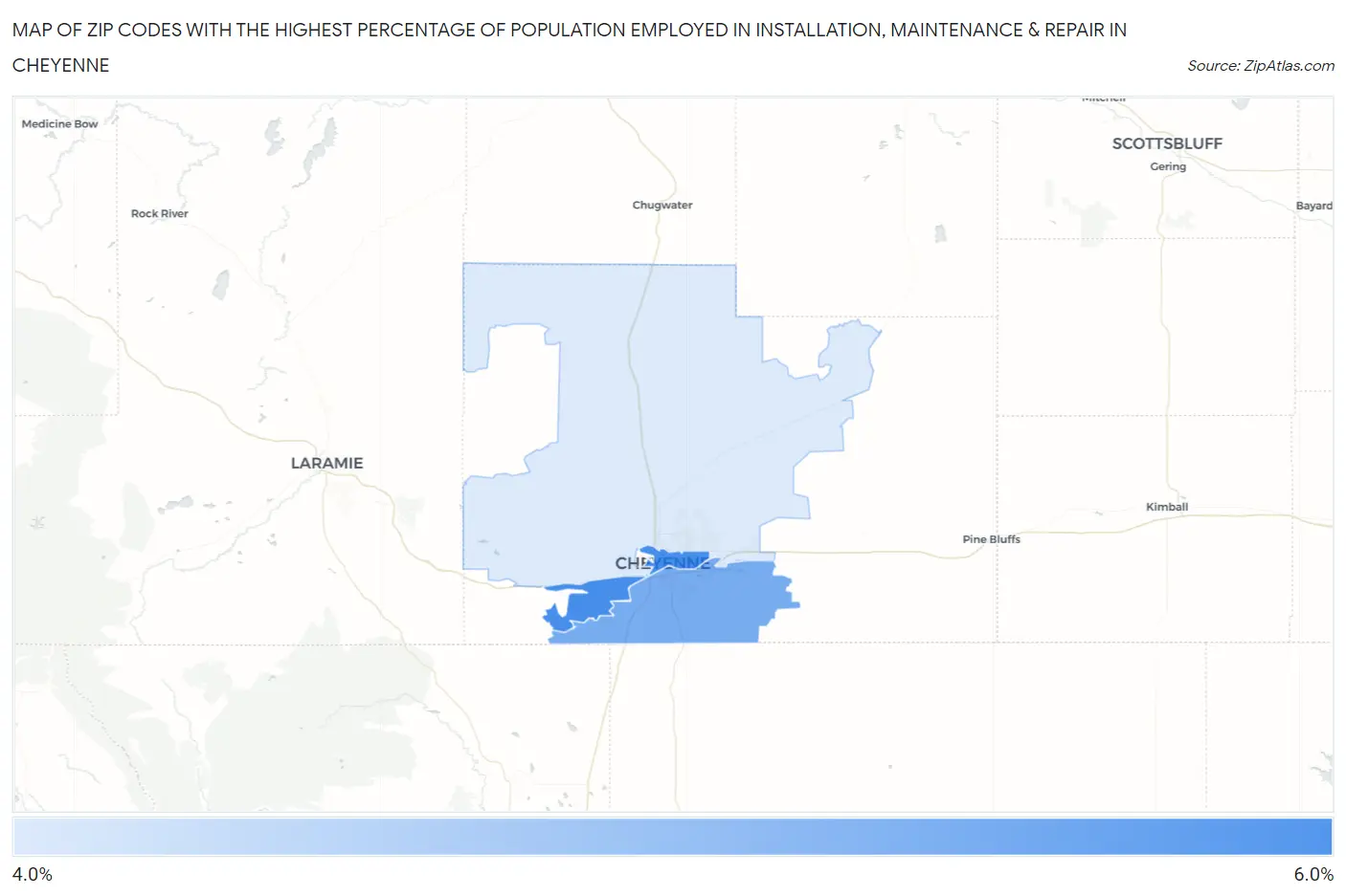 Zip Codes with the Highest Percentage of Population Employed in Installation, Maintenance & Repair in Cheyenne Map