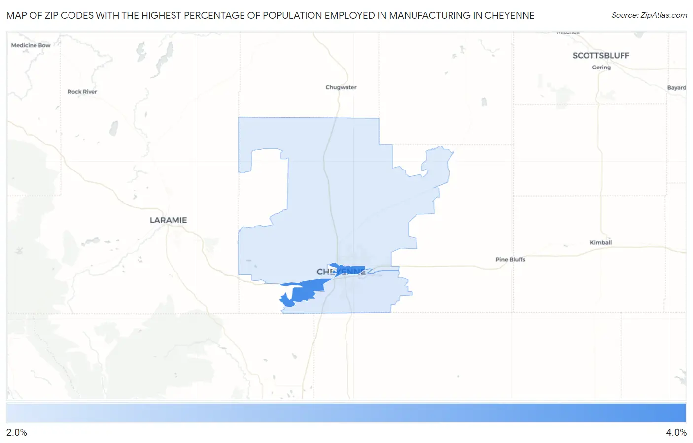 Zip Codes with the Highest Percentage of Population Employed in Manufacturing in Cheyenne Map