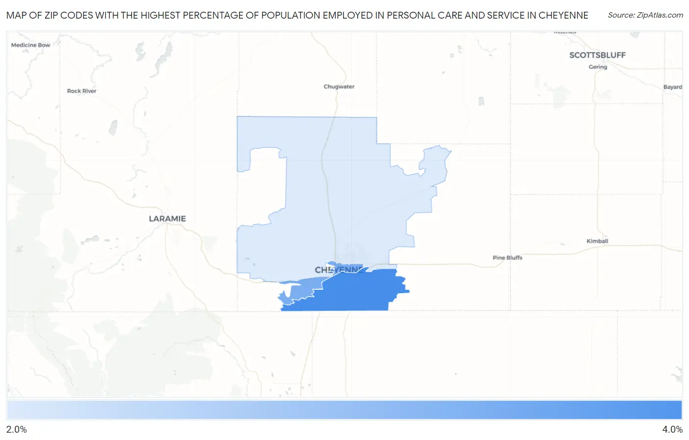 Zip Codes with the Highest Percentage of Population Employed in Personal Care and Service in Cheyenne Map