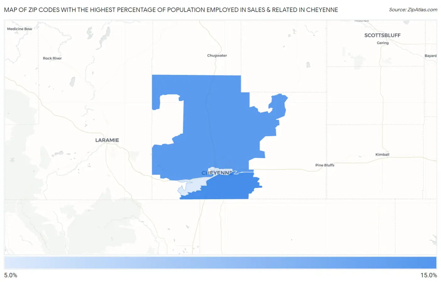 Zip Codes with the Highest Percentage of Population Employed in Sales & Related in Cheyenne Map
