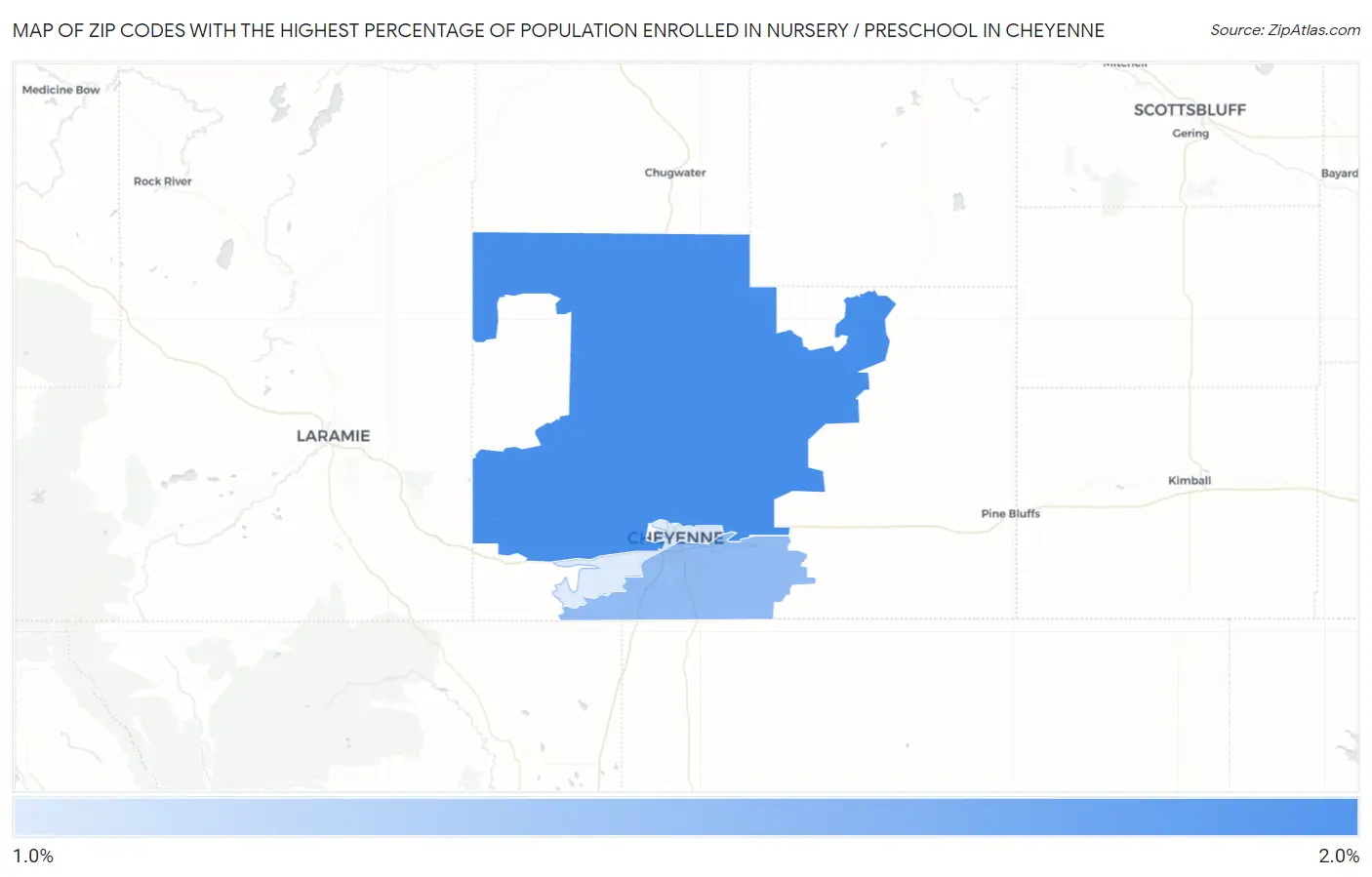 Zip Codes with the Highest Percentage of Population Enrolled in Nursery / Preschool in Cheyenne Map