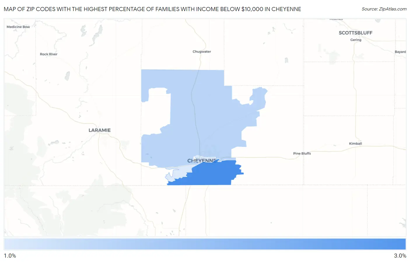 Zip Codes with the Highest Percentage of Families with Income Below $10,000 in Cheyenne Map