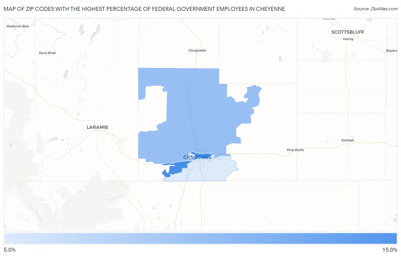 Zip Codes with the Highest Percentage of Federal Government Employees in Cheyenne Map