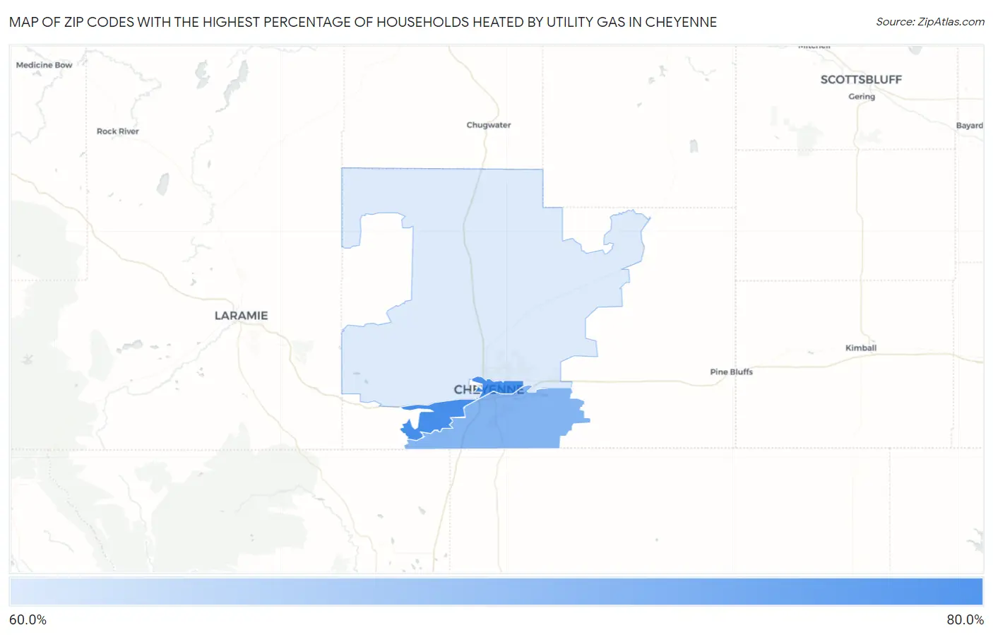 Zip Codes with the Highest Percentage of Households Heated by Utility Gas in Cheyenne Map