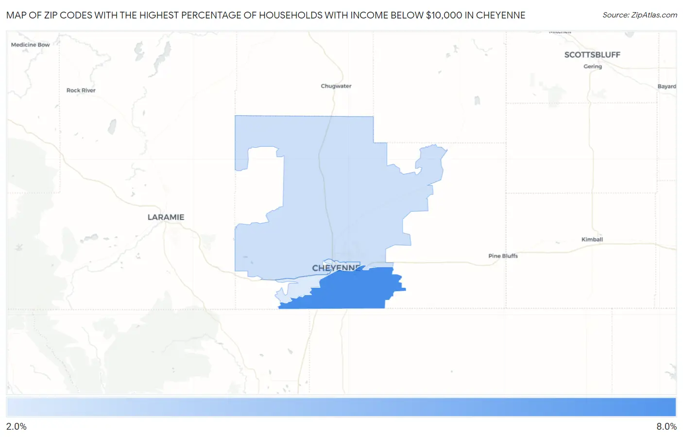 Zip Codes with the Highest Percentage of Households with Income Below $10,000 in Cheyenne Map