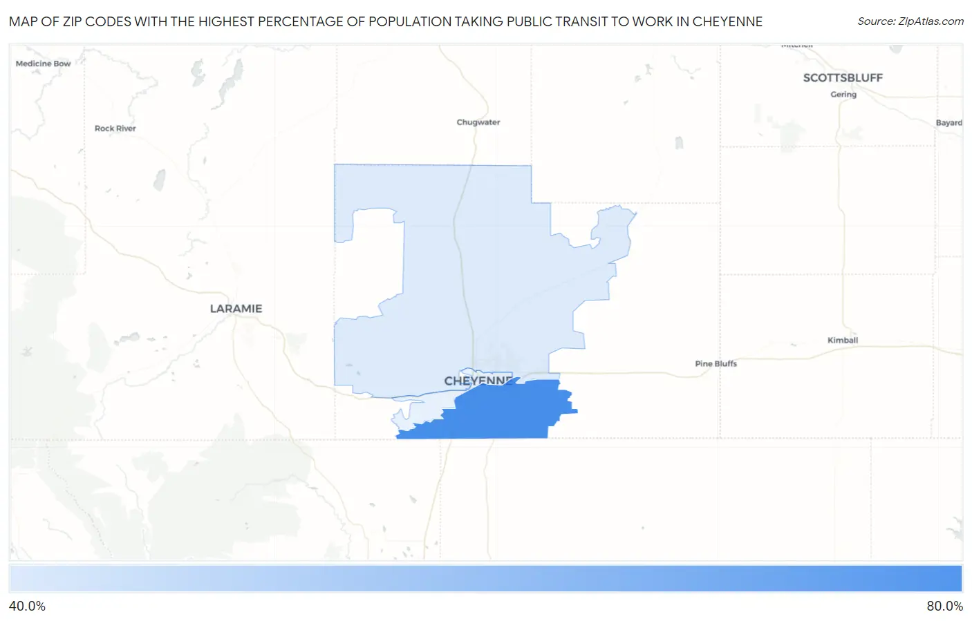 Zip Codes with the Highest Percentage of Population Taking Public Transit to Work in Cheyenne Map