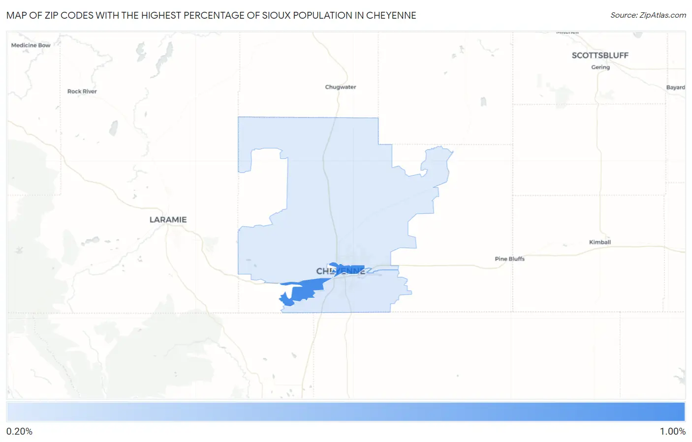 Zip Codes with the Highest Percentage of Sioux Population in Cheyenne Map