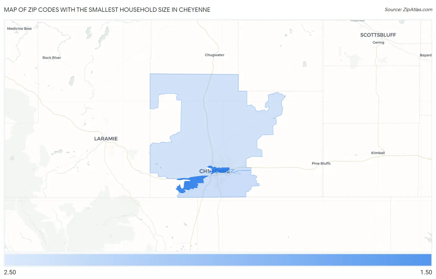 Zip Codes with the Smallest Household Size in Cheyenne Map