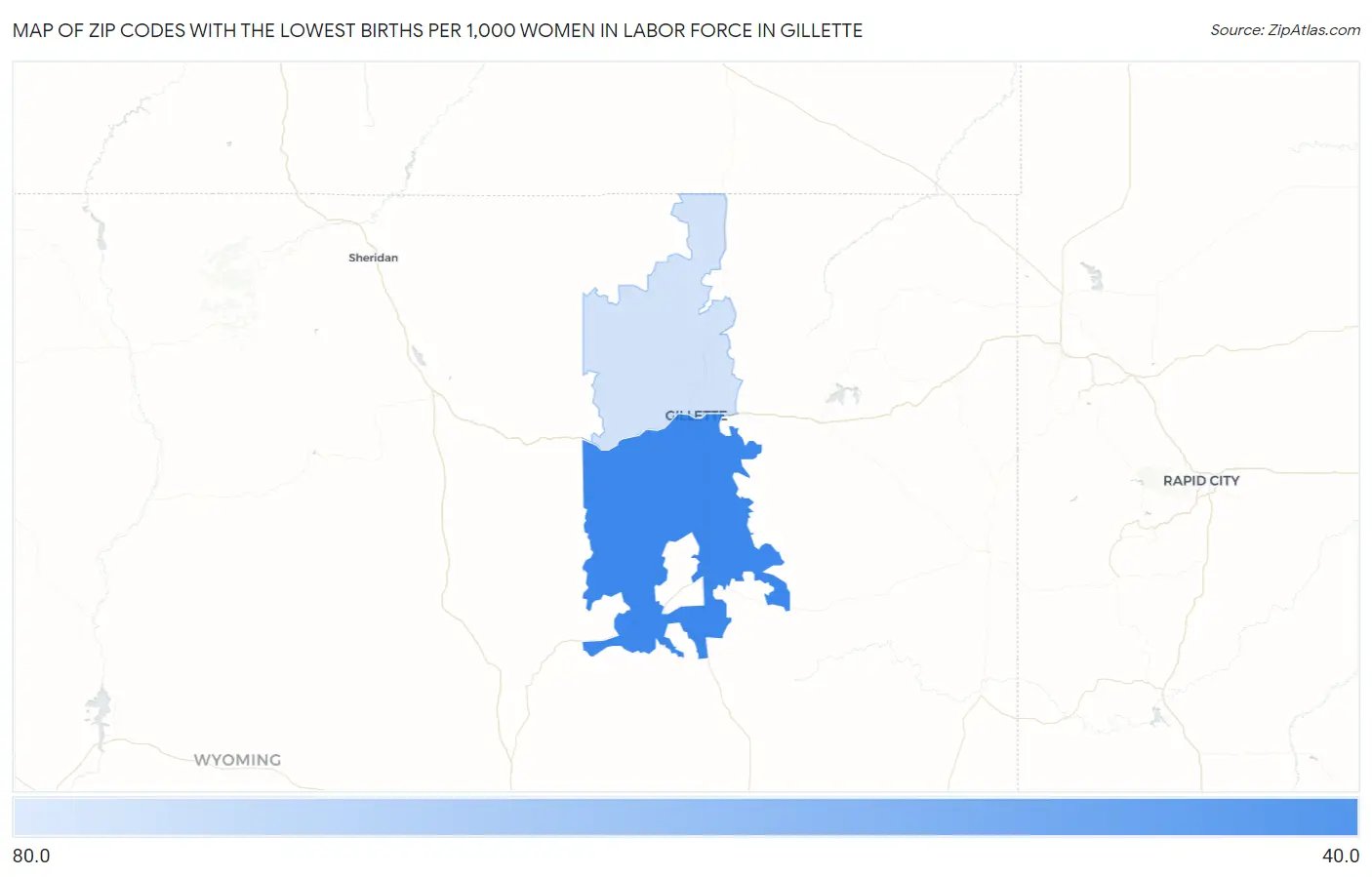 Zip Codes with the Lowest Births per 1,000 Women in Labor Force in Gillette Map