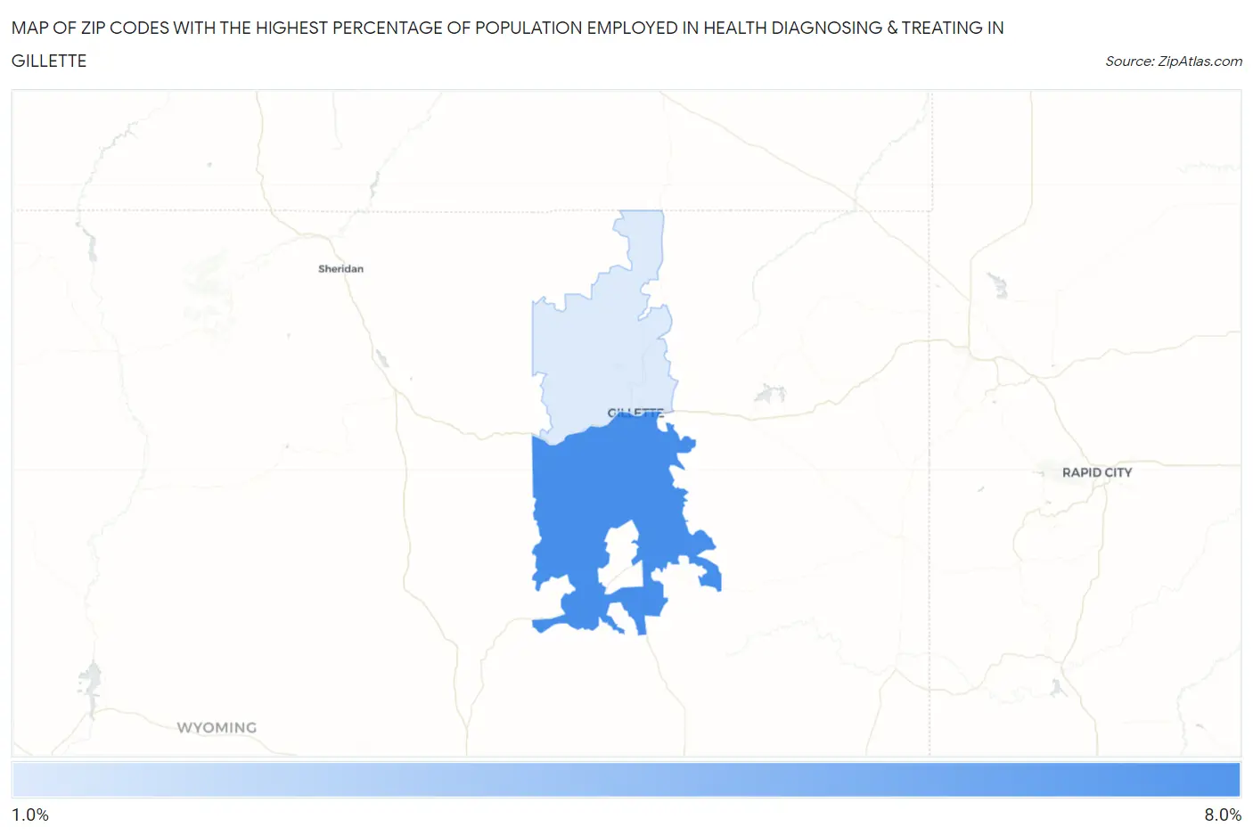 Zip Codes with the Highest Percentage of Population Employed in Health Diagnosing & Treating in Gillette Map