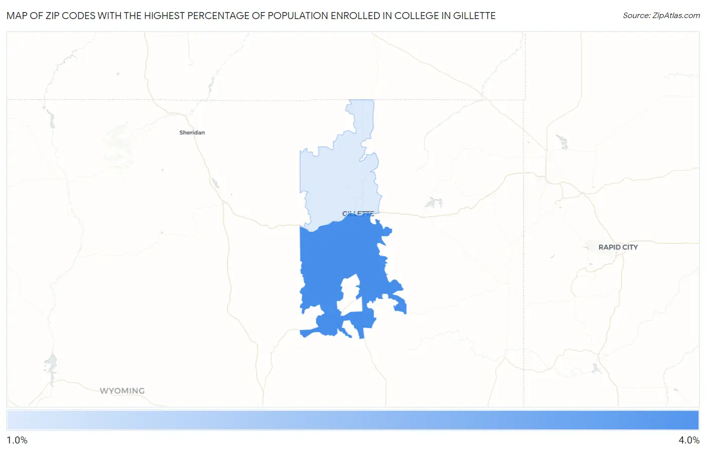 Zip Codes with the Highest Percentage of Population Enrolled in College in Gillette Map