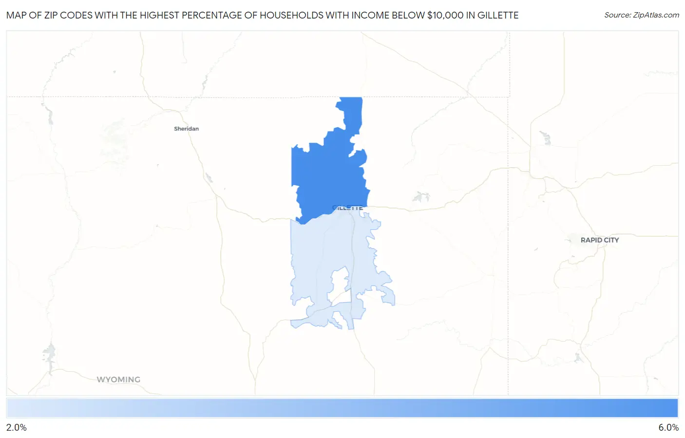 Zip Codes with the Highest Percentage of Households with Income Below $10,000 in Gillette Map