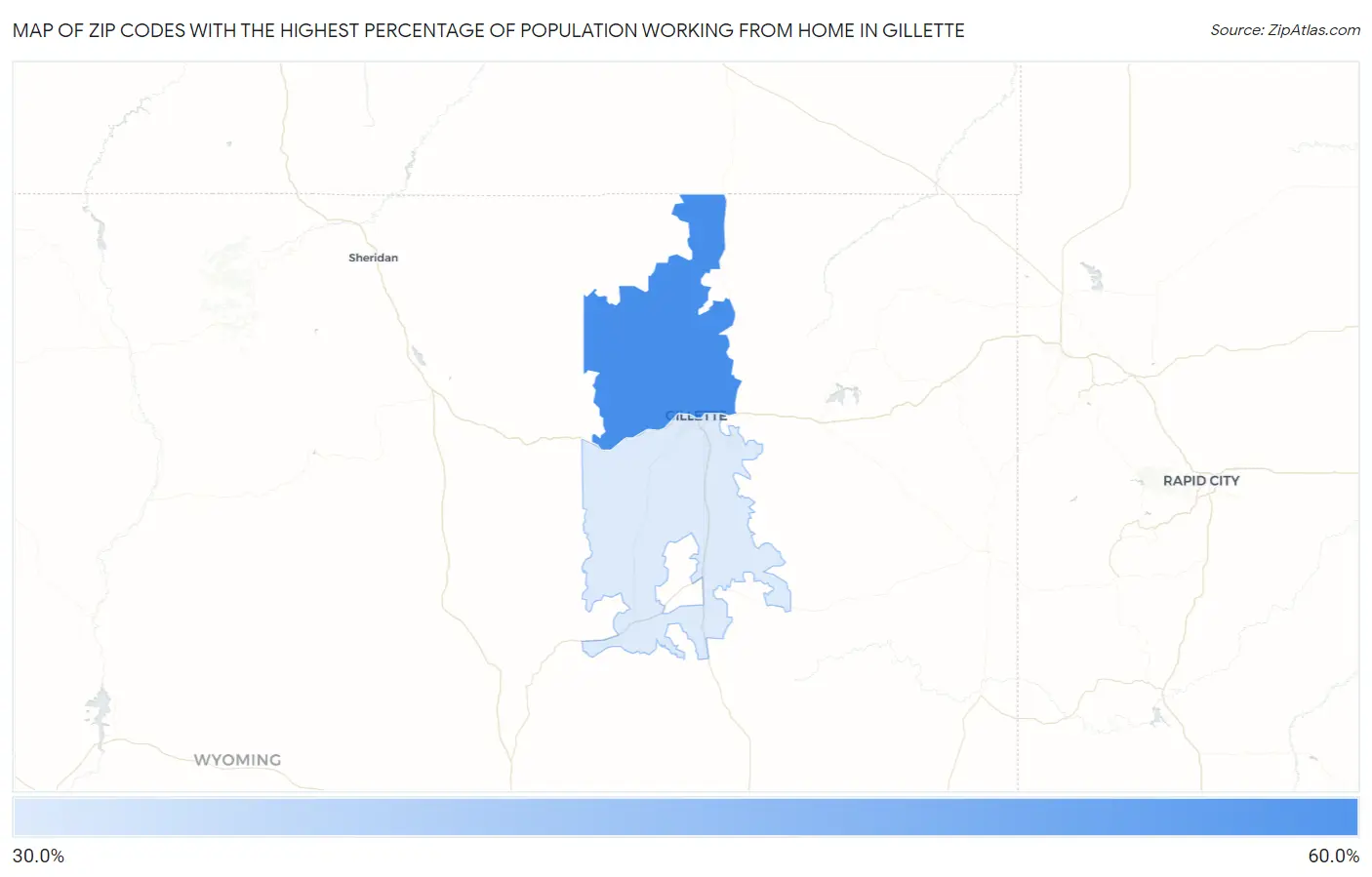 Zip Codes with the Highest Percentage of Population Working from Home in Gillette Map