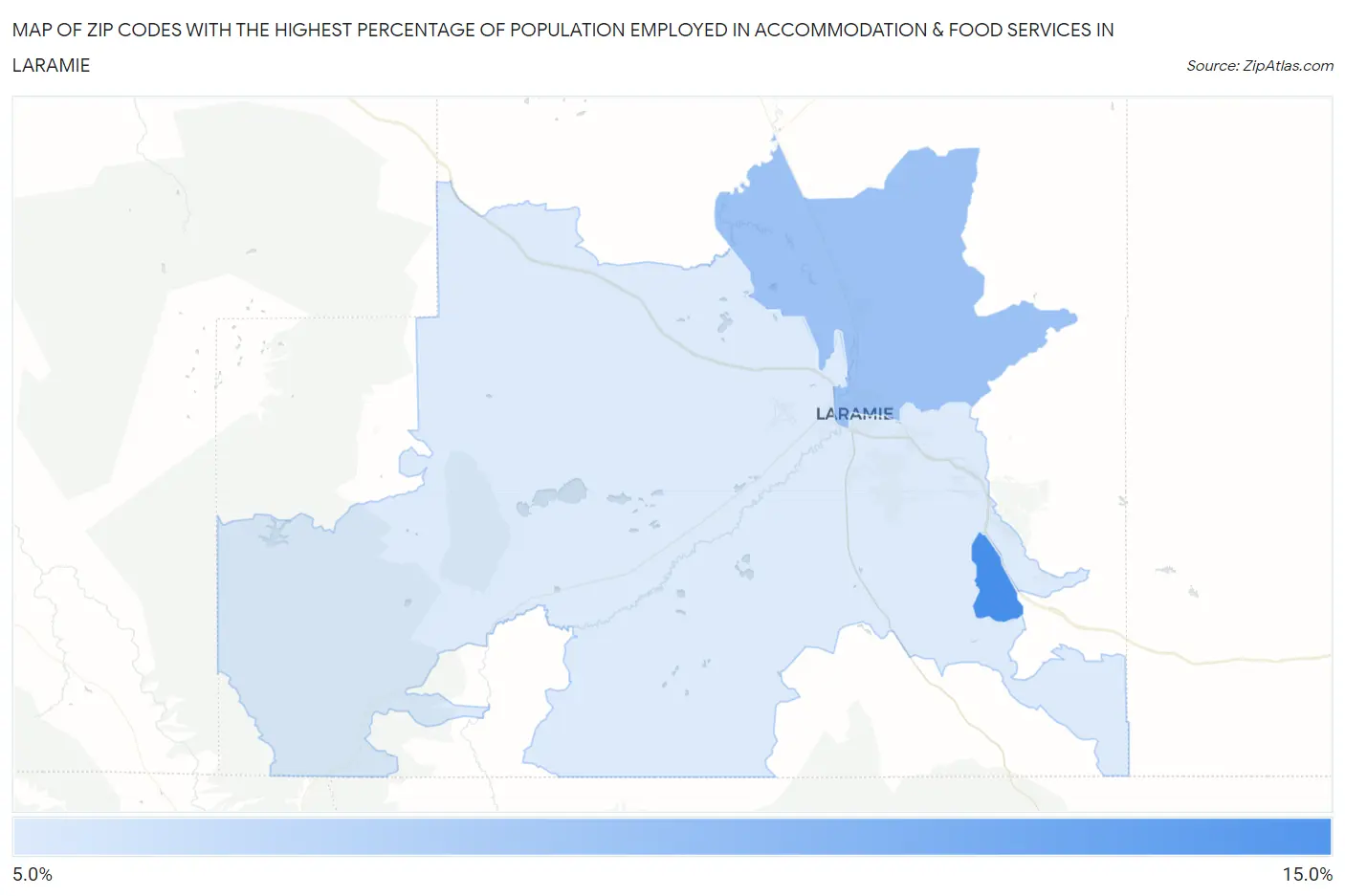Zip Codes with the Highest Percentage of Population Employed in Accommodation & Food Services in Laramie Map