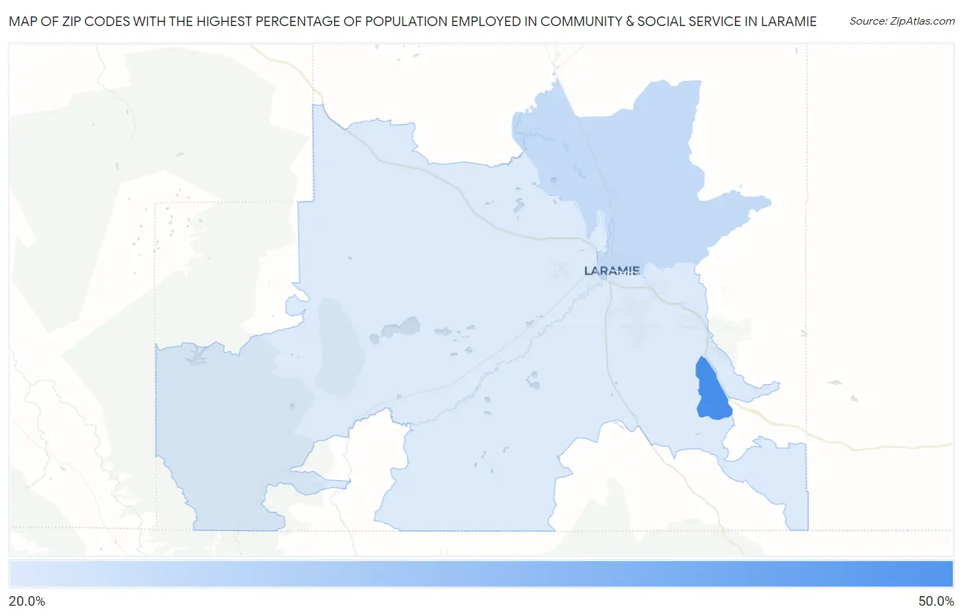 Zip Codes with the Highest Percentage of Population Employed in Community & Social Service  in Laramie Map