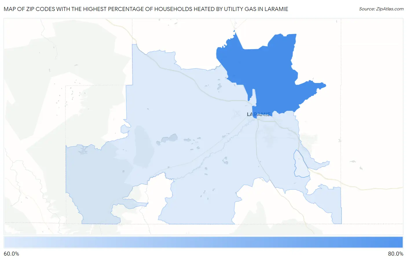 Zip Codes with the Highest Percentage of Households Heated by Utility Gas in Laramie Map